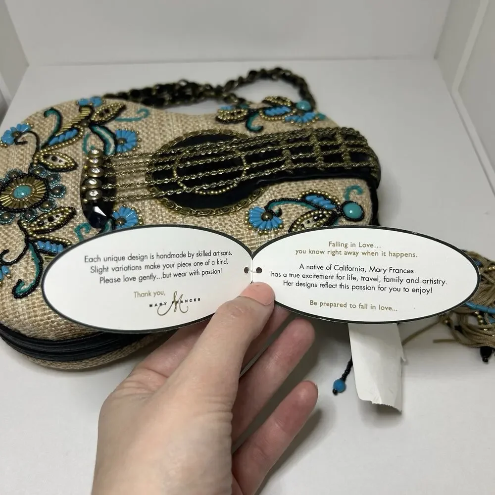 Mary Frances Unplugged Cream Woven and NWT Turquoise Beaded Guitar Bag *RARE - Picture 7 of 16